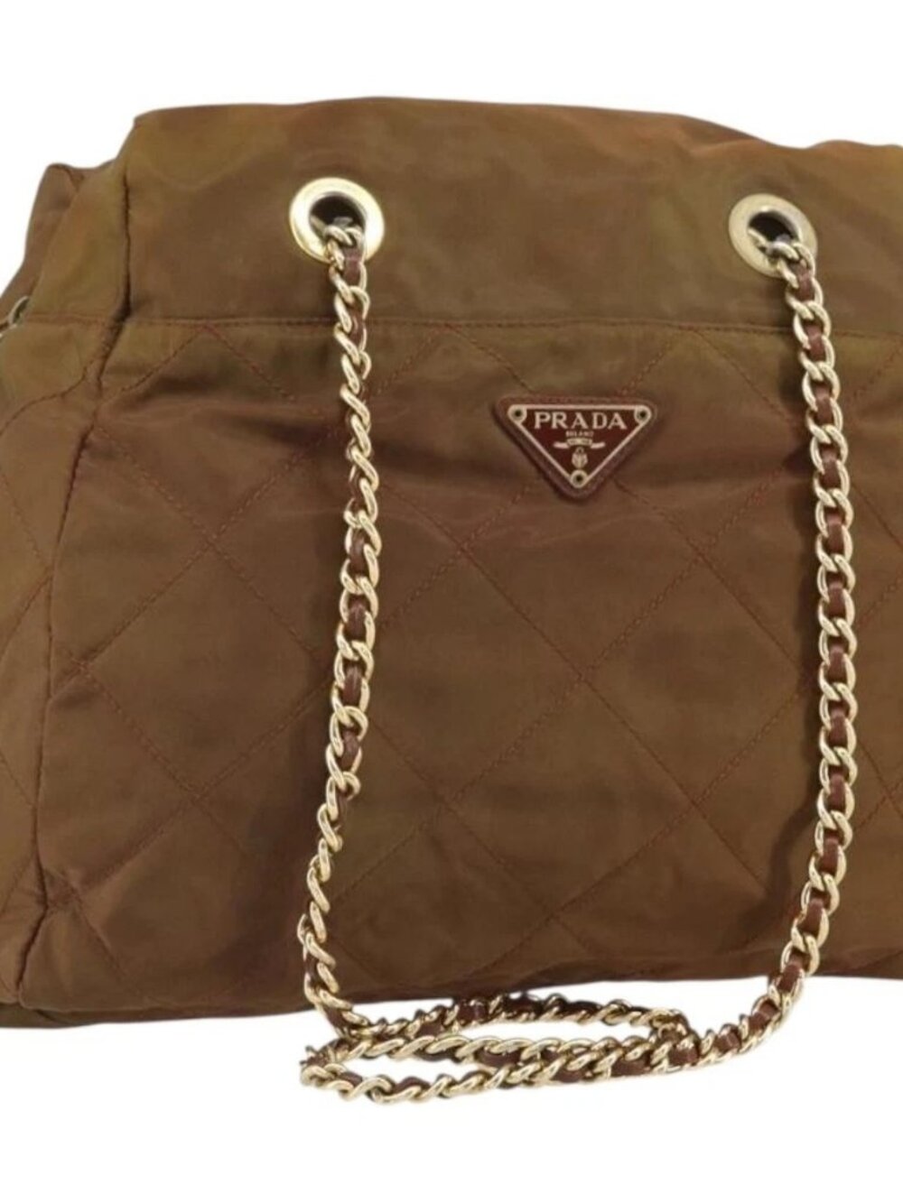 PRADA Chain Shoulder Bag Nylon Brown Gold Auth bs33044
